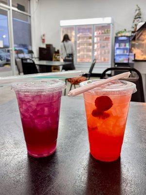 Butterfly Pea Lemonade + Crystal boba & Strawberry Bliss