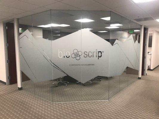 Metro Denver: bioscrip corporate office- Die cut and install ORACAL 8510 Translucent Etched Glass Cal Film