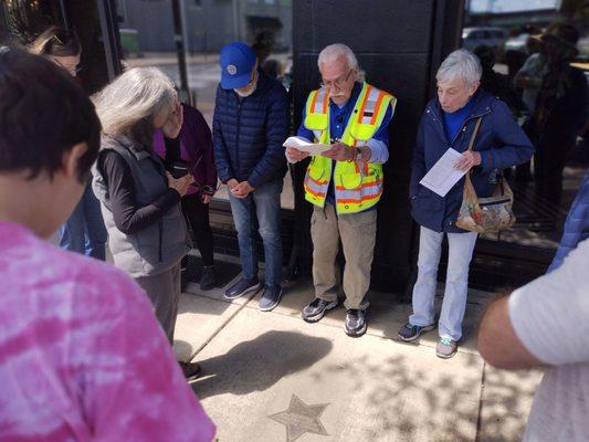 Tour guide Phil explaining the "walk of Fame" stars commemorating some of Aberdeen's most notable residents. There are more than 90!