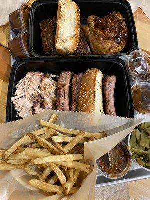 Top: Pick Two Meats w/ ribs and Chicken Breast & Wing. Middle: Pick Two Meats w/ ribs and pulled pork. Bottom: Fresh-Cut Fries.