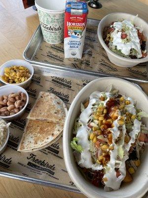 Slow-stewed beef bowl, chicken bowl, kids quesadilla meal