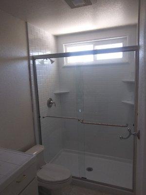 High Tech Polymer (Acrylic) Shower System, Simulated Tile Pattern, Semi Frameless Shower Door