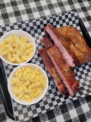 Two meat plate, with pork ribs and leg quarter and double mac and cheese