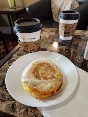 Got a yummy breakfast sandwich with a turmeric and ginger tea