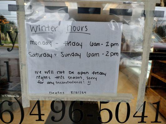 November, 2024: Winter Hours