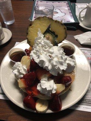 South of the Border pancakes. Pineapple, strawberries, bananas and pecans.