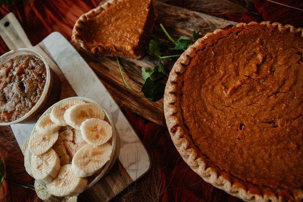 Epic desserts home made Sweet Potato pie, Banana Pudding and Peach Cobbler