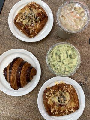 Chocolate Croissant + Ham and Cheese Danish + Matcha Latte with Oatmilk + Iced Chai with Oatmilk