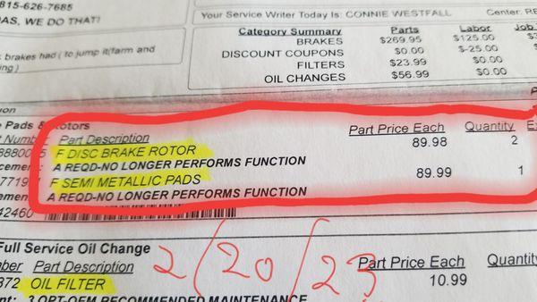 6 months later. I still have a oil leak and now I need new rotors and pads AGAIN. My guess is nothing was done by Midas mechanics.