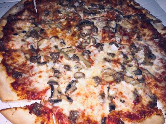 Cheese, sausage, can mushrooms, onions.