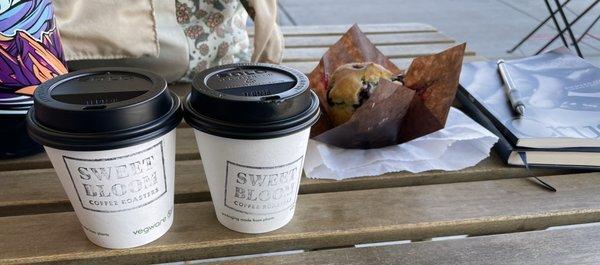 Two cappuccinos & a blueberry muffin