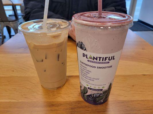 Iced Pumpkin Spice Latte and Omega Smoothie. I'm personally not a hug fan of Pumpkin Spiced anything, but my partner's latte was good!