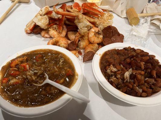 Crawfish étouffée , red beans and rice , and shrimp sausage snow crab.