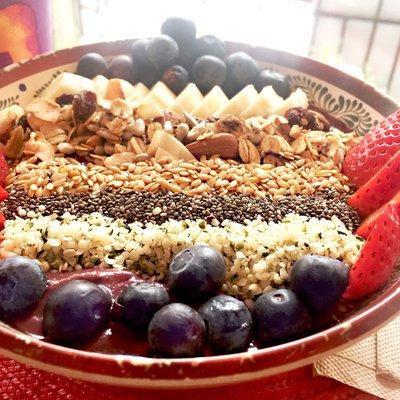 Our famous Açai bowl with superfood boost: hemp seeds, chia seeds, flax seeds - plus freshly cut fruit and homemade granola!