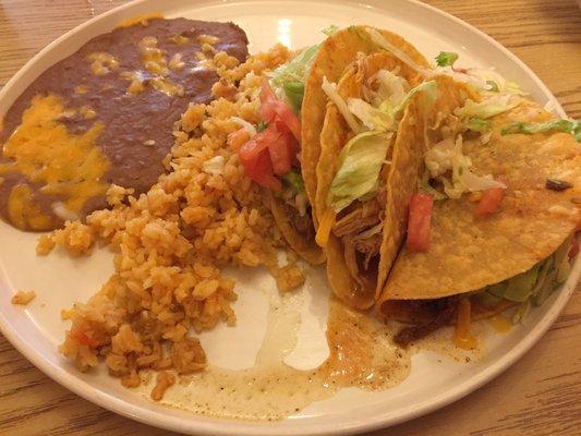 Chicken, chili verde, and ground beef tacos