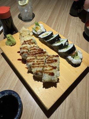 Crunchy roll and shrimp tempura.