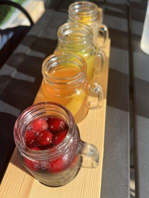 Flight of sangria: Raspberry Pomegranate, Just Peachy, Coconut Mango, Lavender Lemonade  Our Top 2: Lavender Lemonade and Just Peachy