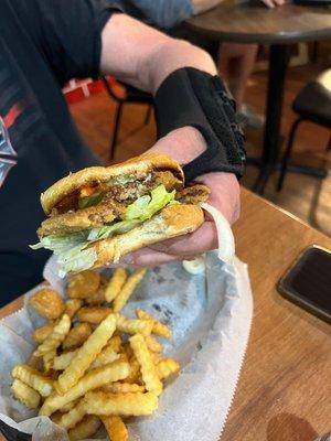 Country fried steak sandwich and fries