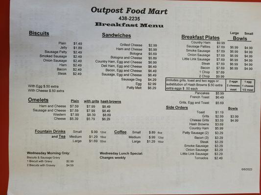 Updated breakfast menu 2024