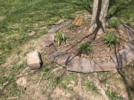 Lawn mower caught edges of stone borders and pulled the stones out into the lawn and were just left there.