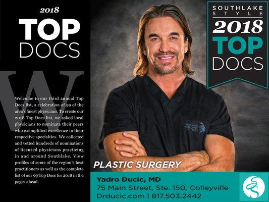 Congrats to Dr. Yadro Ducic, MD for being named top plastic surgeon by his peers for 2018.  Pick up the Top Docs 2018 in Southlake Style