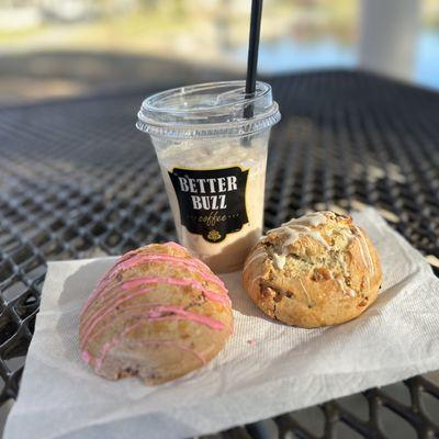 Vanilla Buzz, Raspberry Almond Scone, and Cranberry Orange Scone