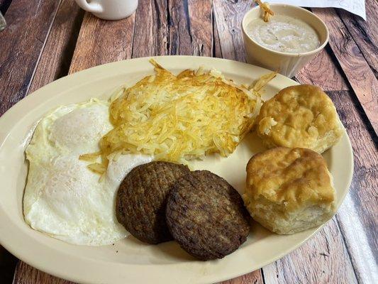 OE eggs, hash browns an sausage with biscuits an gravy