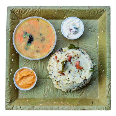 Millet Pongal with sides of Sambar, Coconut Chutney and Tomato Chutney