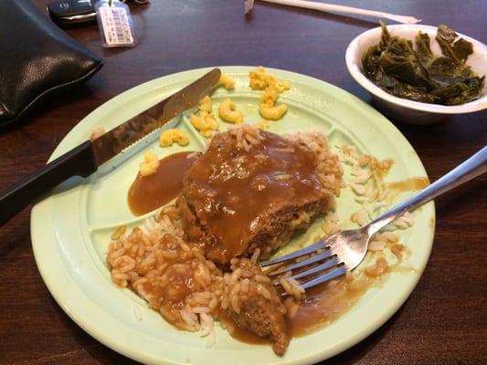 Hamburger steak and rice with Mac and cheese