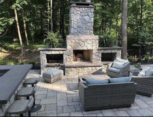 Techo-Bloc paver patio and veneer fireplace