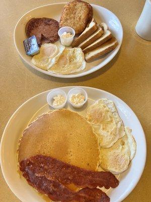 Eggs, hash browns, turkey bacon, pancakes and Taylor ham