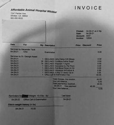 The tests that Affordable Animal Hospital had 5 hours to collect and run but didn't. Nothing was done despite this being urgent