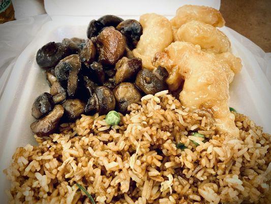 (Top L) Stir-fried mushrooms, (Top R) Honey Shrimp, (Bottom Center) Fried rice