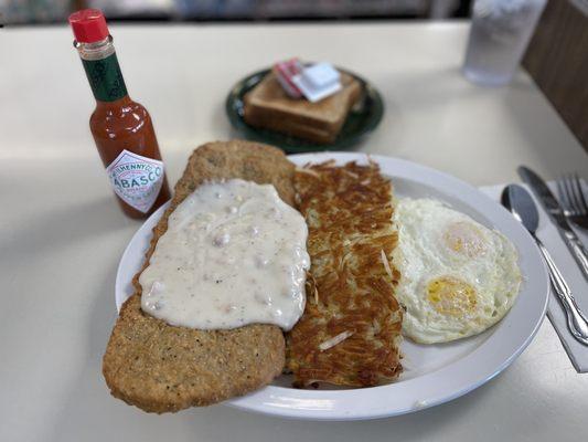 Mega Chicken Fried Steak, Hashbrowns, Three-Egg Breakfast