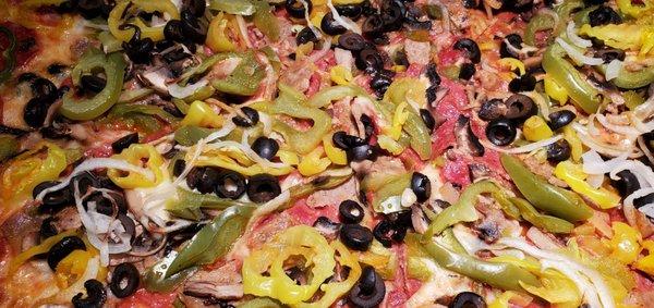 Large with Pepperoni,  Sausage,  Green Peppers, Onion, Black Olives & Banana Peppers, DELICIOUS!