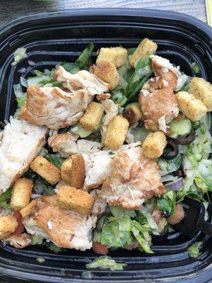 Rotisserie chicken chopped salad with croutons and sweet onion dressing