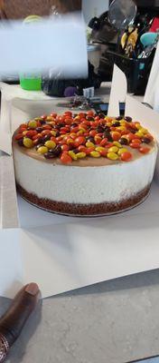 My beautiful Reese's Pieces carmal cheesecake with a thick Biscoff crust