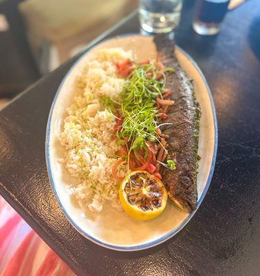 Hariyali Whole Fish: whole branzino rubbed with paste of ginger, herbs, and green chiles before being skewered and cooked in the tandoor