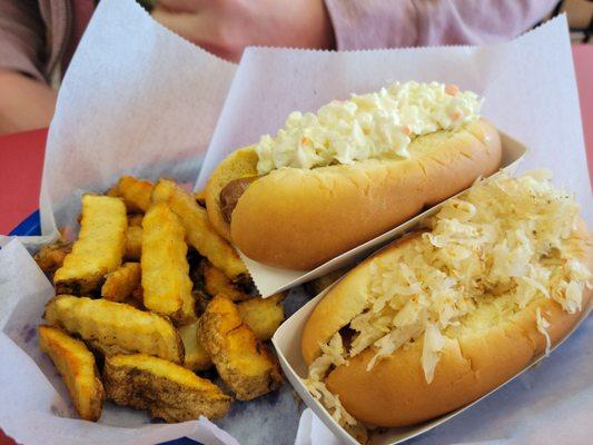 Slaw dog and kraut dog with fries