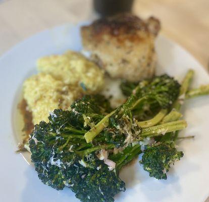 Final product (portrait mode): lemon chicken, broccolini and risotto