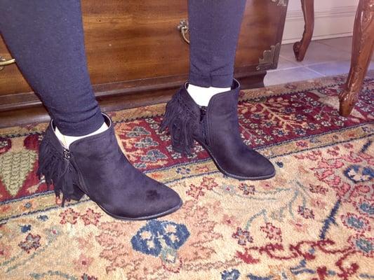 How cute are these fringe booties?  Less than $45, you can buy them online and they'll ship to you within 5 days.