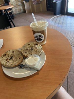 Cinnamon raisin bagel and cold brew harvest latte.