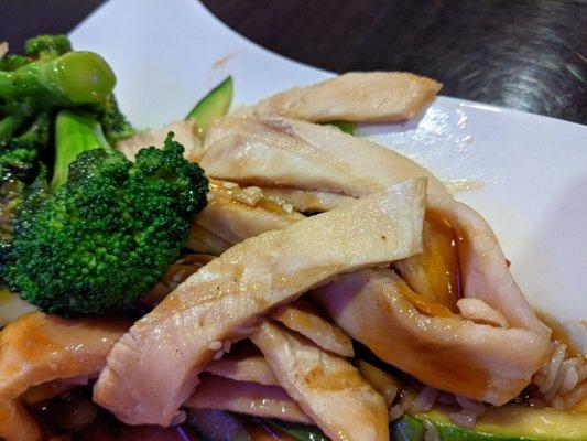 Thick sliced lunch meat in a bland sauce and raw broccoli. Their chicken teriyaki.