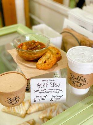 Beef stew and garlic toast.