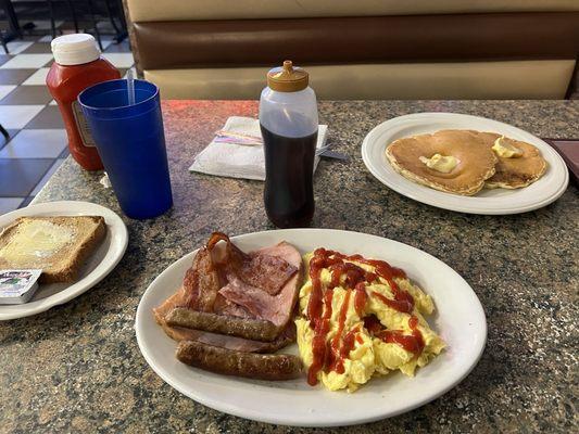 Hungry man breakfast as Harry's corn beef and ham spot