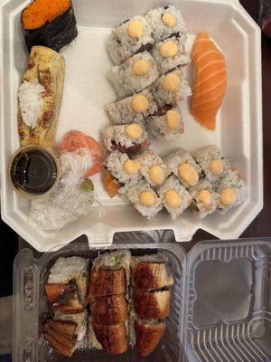 Spicy tuna, spicy salmon, dragon roll