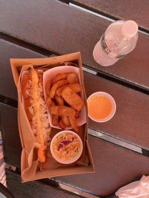 Reuben dog, Asian slaw, onion petals.