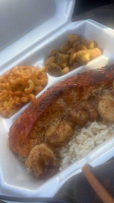 Salmon and Shrimp with Rice/Gravy and 2 Sides