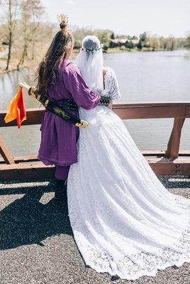 My husband and I looking down the River in the bridge. Look at the back of my dress absolutely beautiful. Thank you Ms. Valerie Smith.