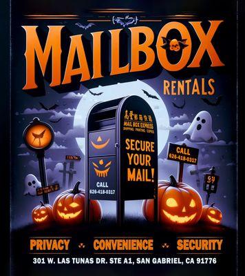 Halloween Mailbox Rental Special! 

Enjoy privacy, convenience, and security with our mailbox rentals.

 Call: 626-418-0317